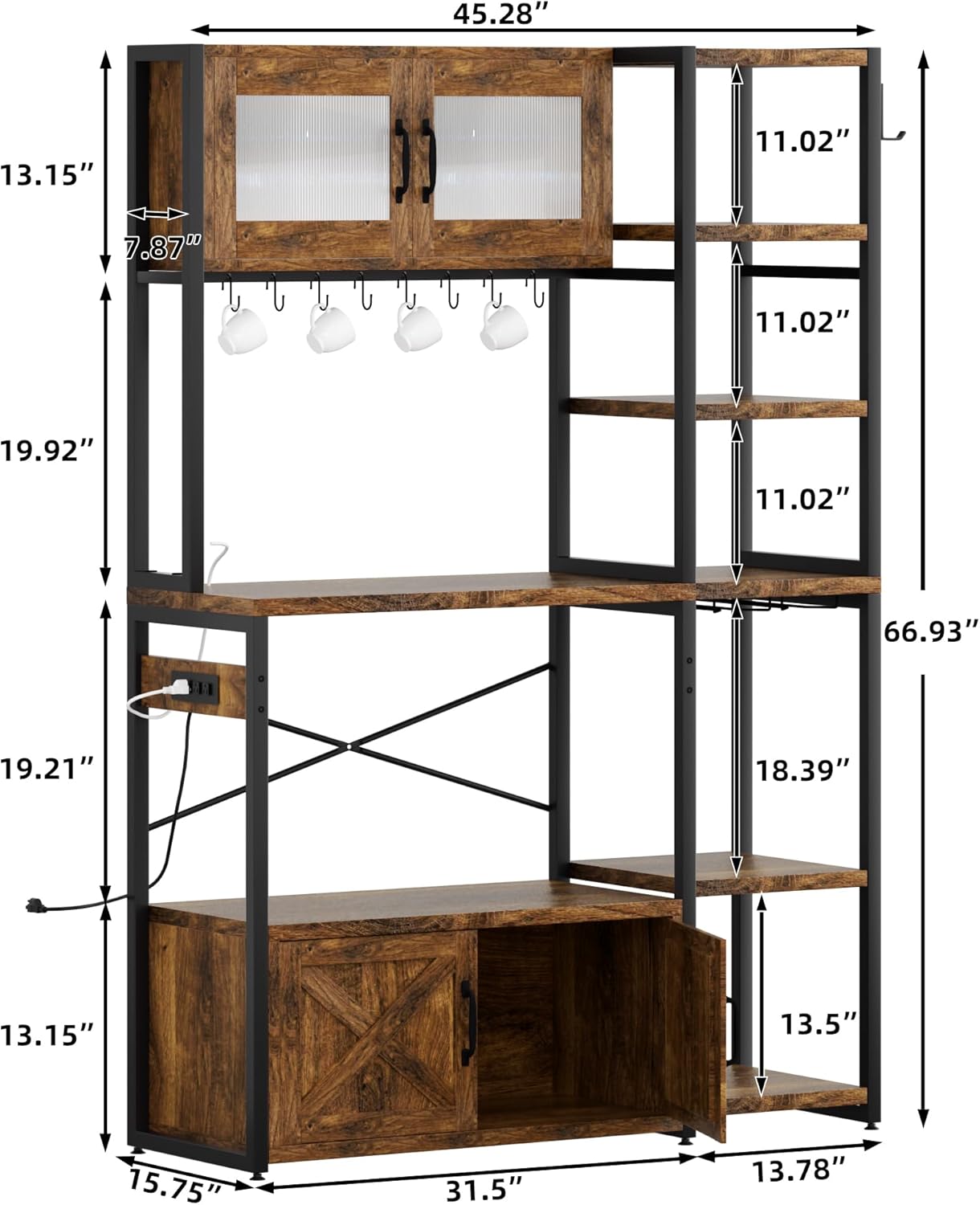 69 Inch Bakers Rack with Storage Cabinet, 5-Tier Coffee Bar with Power Outlet and LED Lights, Industrial Microwave Oven Stand with Shelves, Kitchen Storage Shelf, Rustic Brown