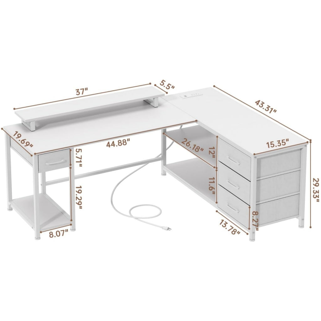 61" L Shaped Computer Desk with Monitor Stand, Reversible Corner Gaming Desk with Drawers, Home Office Desk with Power Outlets & USB Ports, LED Lights, White