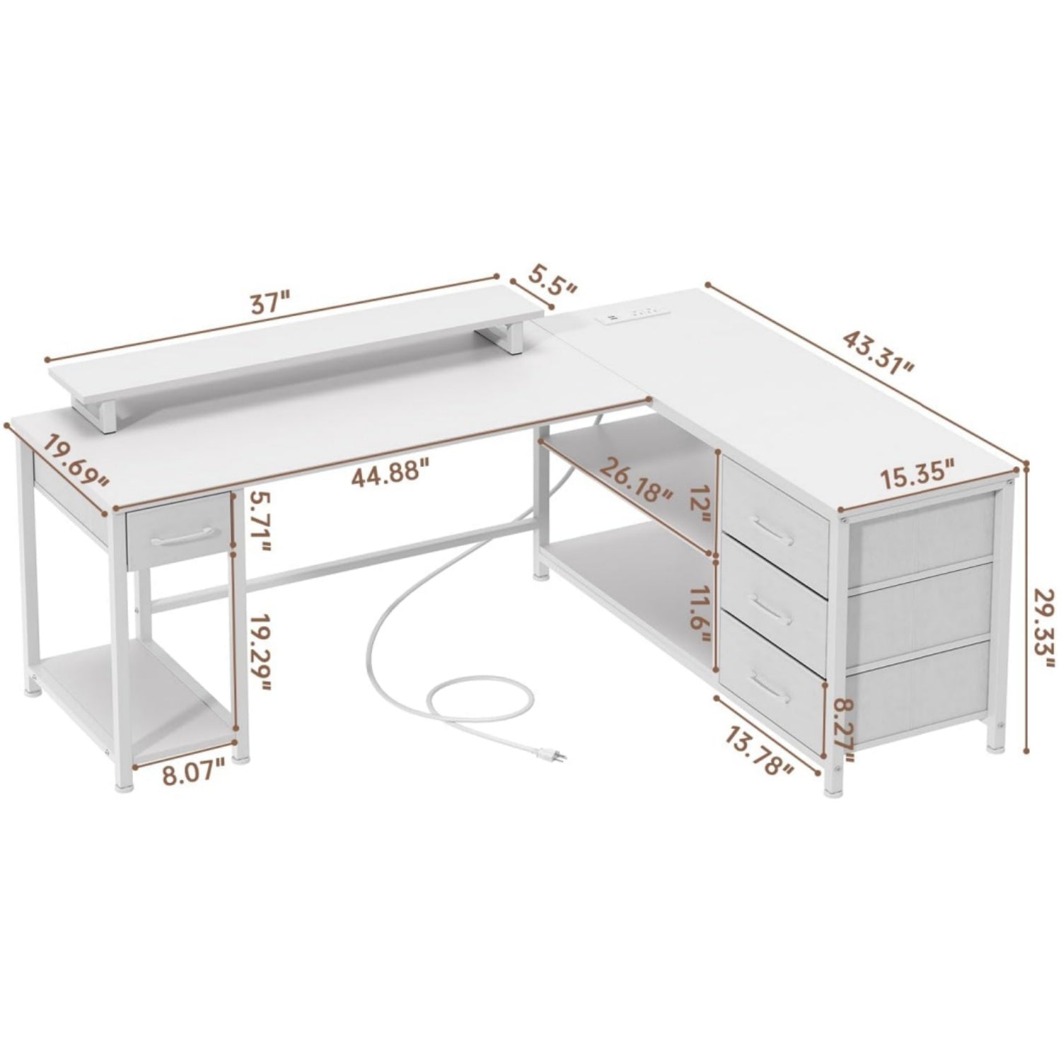 61" L Shaped Computer Desk with Monitor Stand, Reversible Corner Gaming Desk with Drawers, Home Office Desk with Power Outlets & USB Ports, LED Lights, White