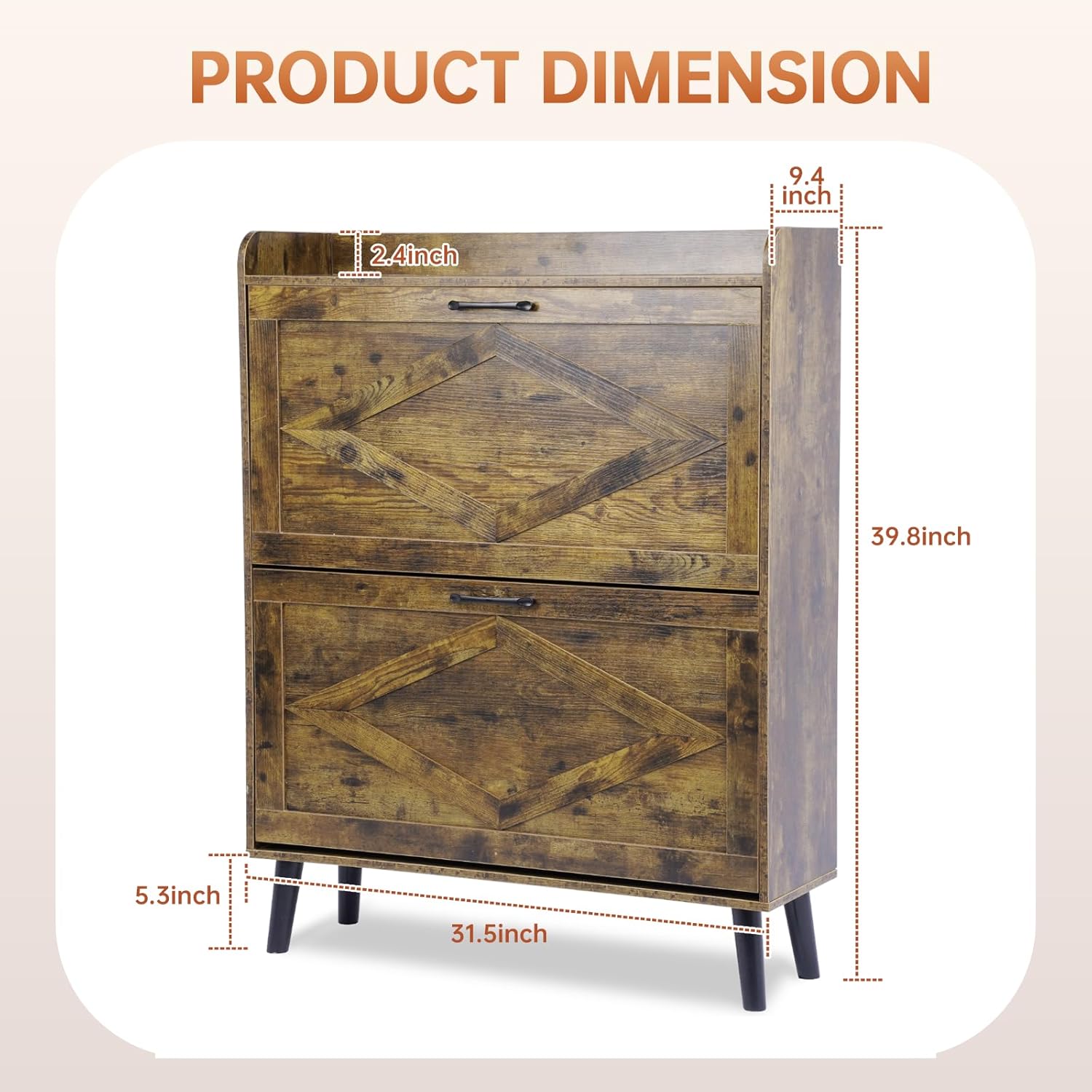 Farmhouse Entryway Shoe Storage Cabinet with 2 Flip Drawers, Shoe Rack Organizer for Hallway, Rustic Wood Furniture with Open Shelves