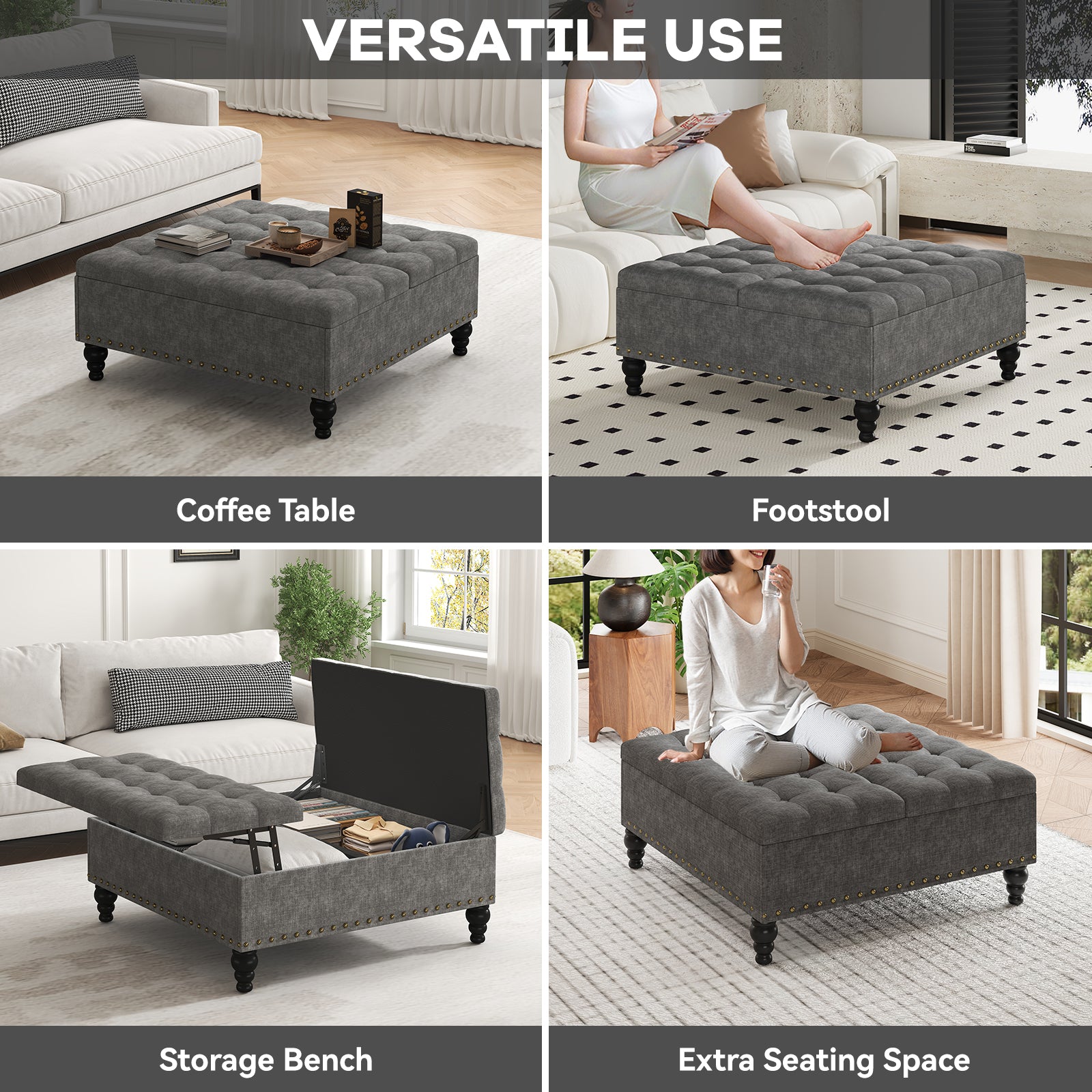 Versatile Lift-Top Ottoman, Large Storage Coffee Table in Chenille for Living Room or Bedroom, Easy-to-Assemble, Dark Grey