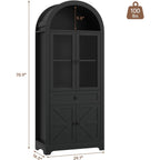 71" Tall Farmhouse Arched Storage Cabinet with Glass Door, Drawer and Barn Door, Versatile Pantry for Kitchen, Dining Room, Bathroom, Black