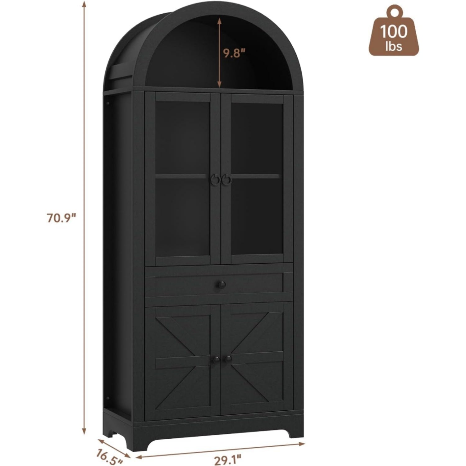 71" Tall Farmhouse Arched Storage Cabinet with Glass Door, Drawer and Barn Door, Versatile Pantry for Kitchen, Dining Room, Bathroom, Black
