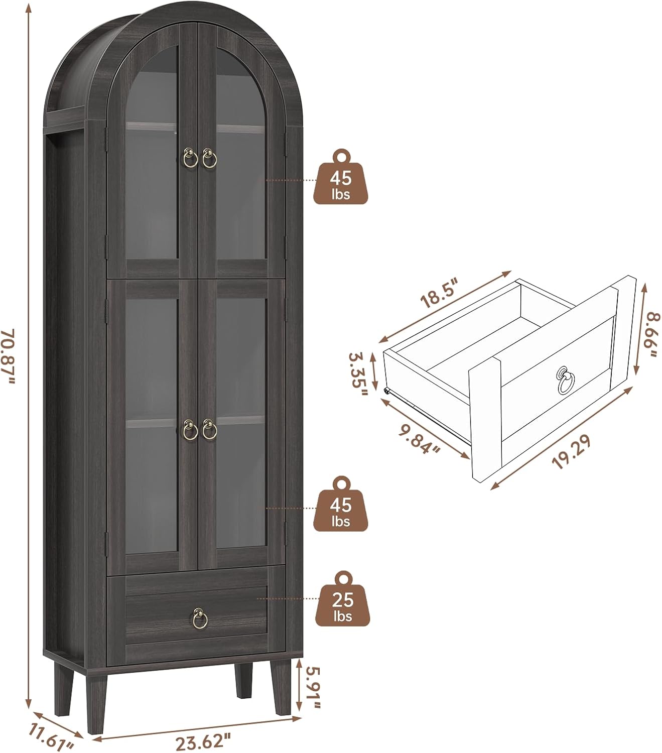 71” Tall Arched Pantry Cabinet with Glass Door, Display Cabinet Organizer with Drawer, Versatile Pantry with Top-Opening Storage Container for Living, Kitchen Dining Room