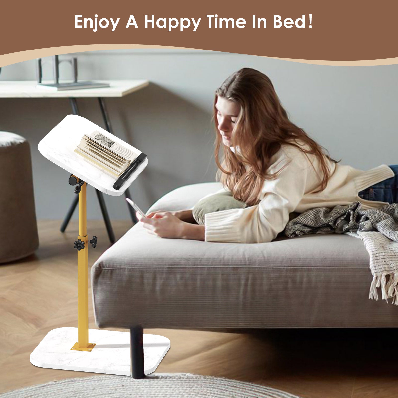 Sofa Couch Arm Table Tv Tray Small Bed Stand C Shaped Side End Tables for Living Room, Bedroom, Marble