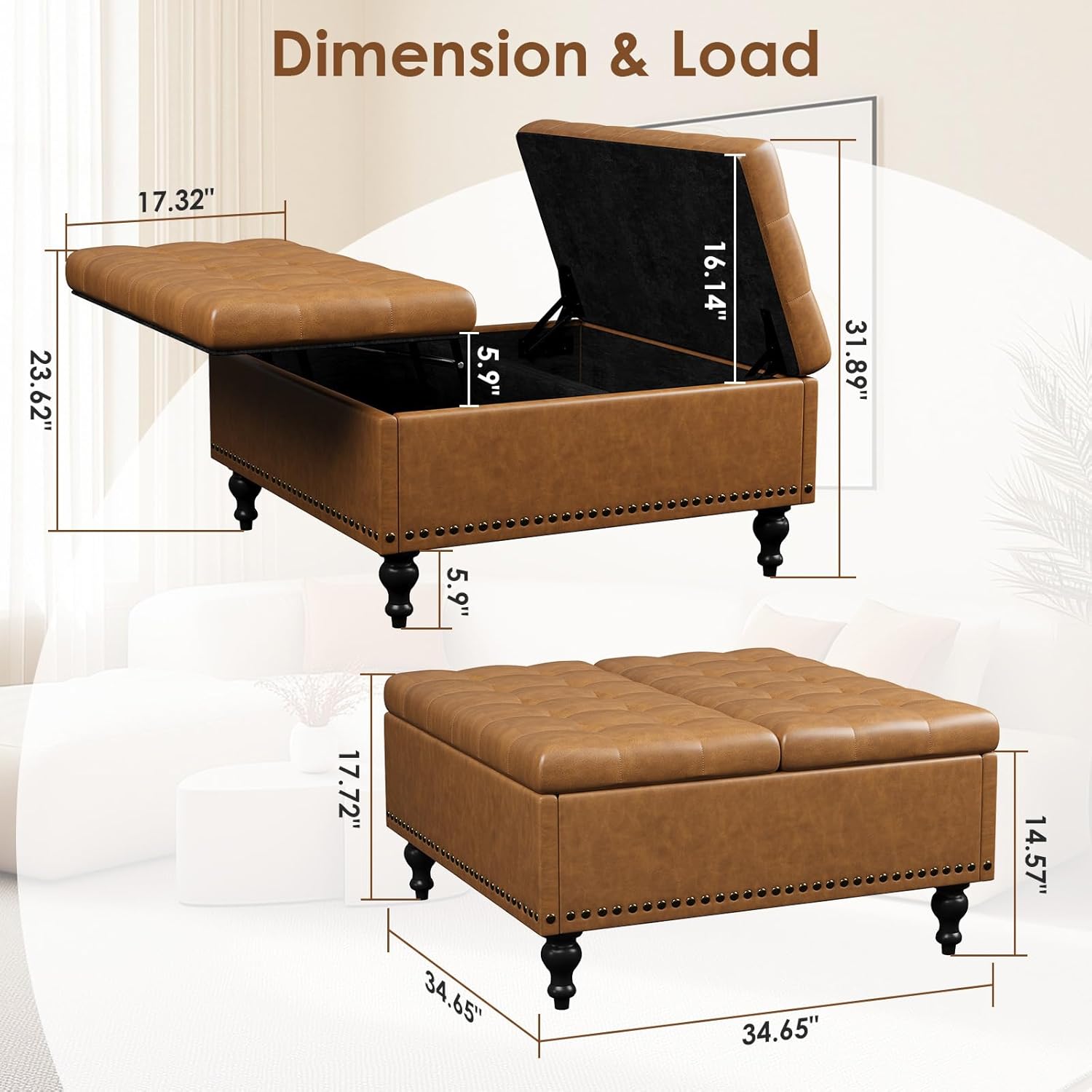 Square Leather Ottoman with Storage, Coffee Table Ottoman with Lift Top, Large Upholstered Footrest Storage, Brown