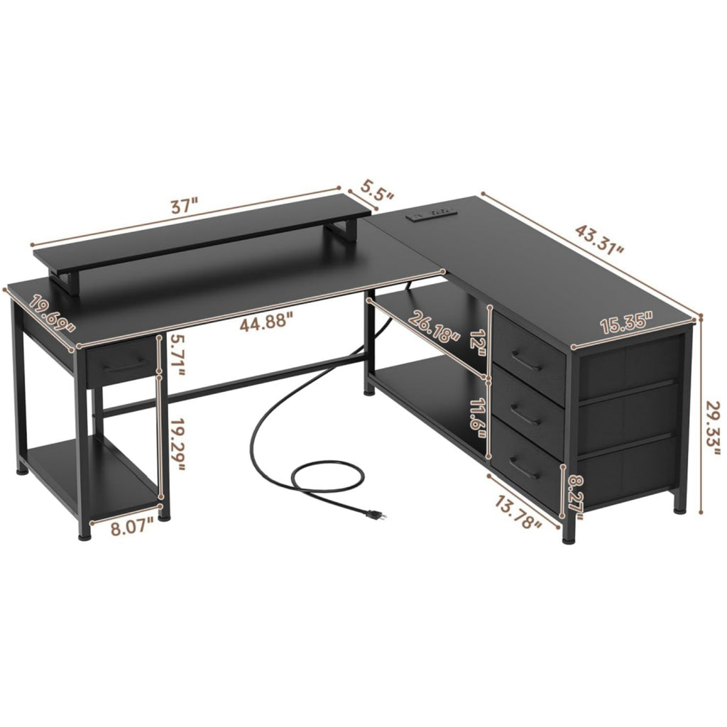61" L Shaped Computer Gaming Desk with USB Charging Ports and LED Lights, Reversible Corner Desk with Drawers, Home Office Desk with Storage Shelves, Black