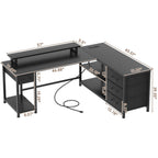 61" L Shaped Computer Gaming Desk with USB Charging Ports and LED Lights, Reversible Corner Desk with Drawers, Home Office Desk with Storage Shelves, Black