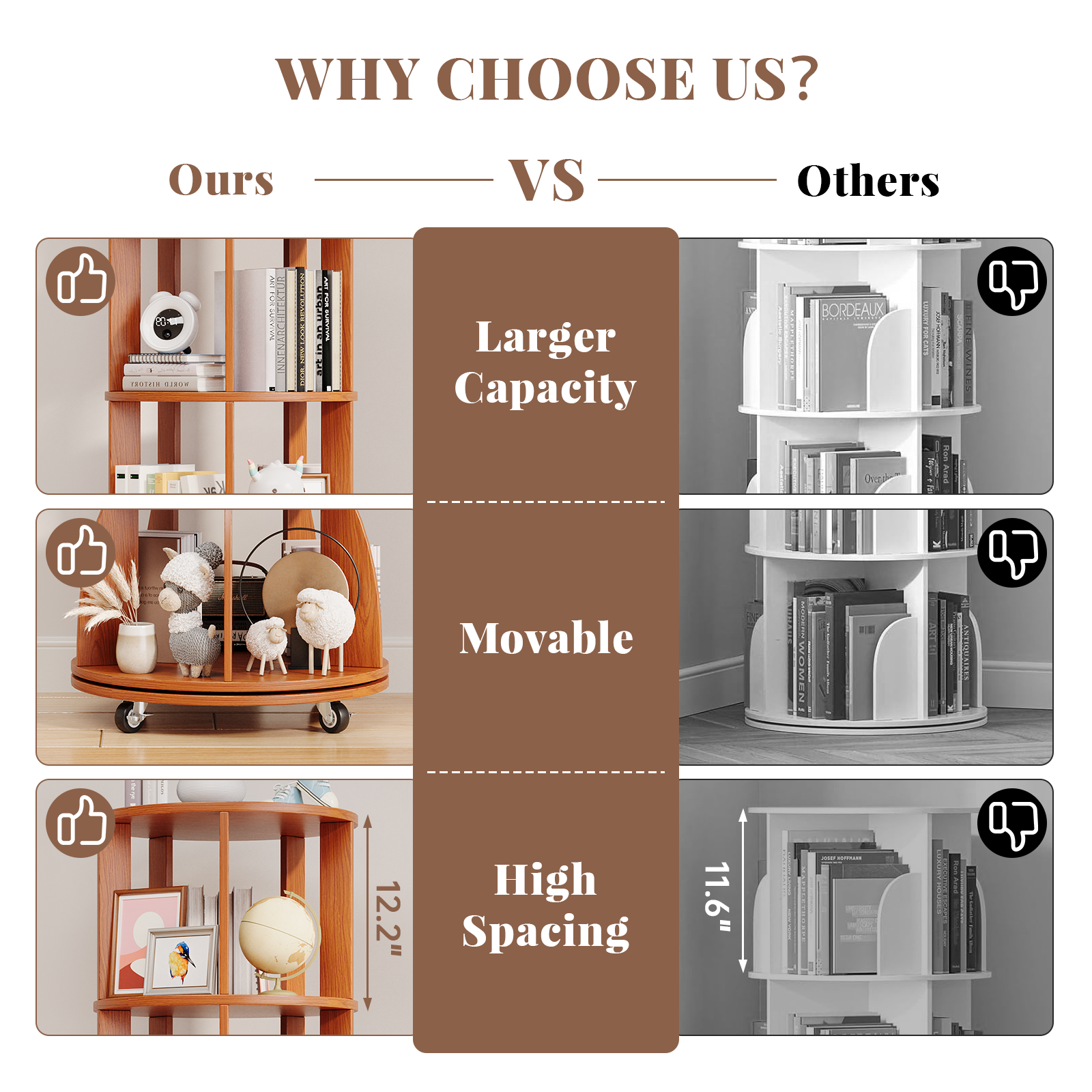 6 Tier Rotating Bookshelf with Locking Casters, 360° Spinning Vertical Bookcase, Revolving Floor Standing Organizer for Small Spaces, Corner, Living Room, Bedroom, Rustic Brown