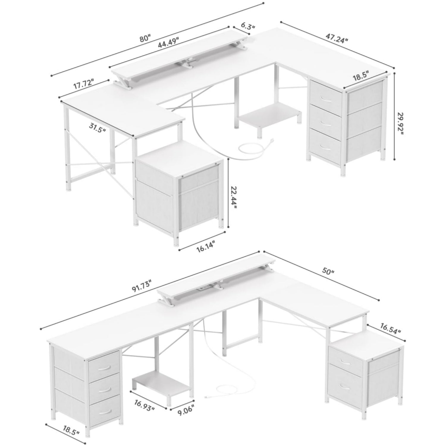 U Shaped Computer Gaming Desk, Reversible L Shaped Desk with Power Outlets & USB Ports, LED Strip & Monitor Stand, Large Corner Desk with Storage Shelves for Home Office, White