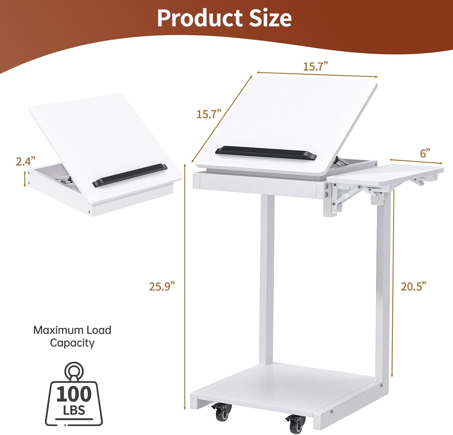 C Shaped End Table for Couch, C Side Table with Convertible Desktop, Folding Tray & Lockable Wheels, 360° Swivel TV Tray Table, Couch Tables That Slide Under, for Living Room, Bedroom, Sofa, White