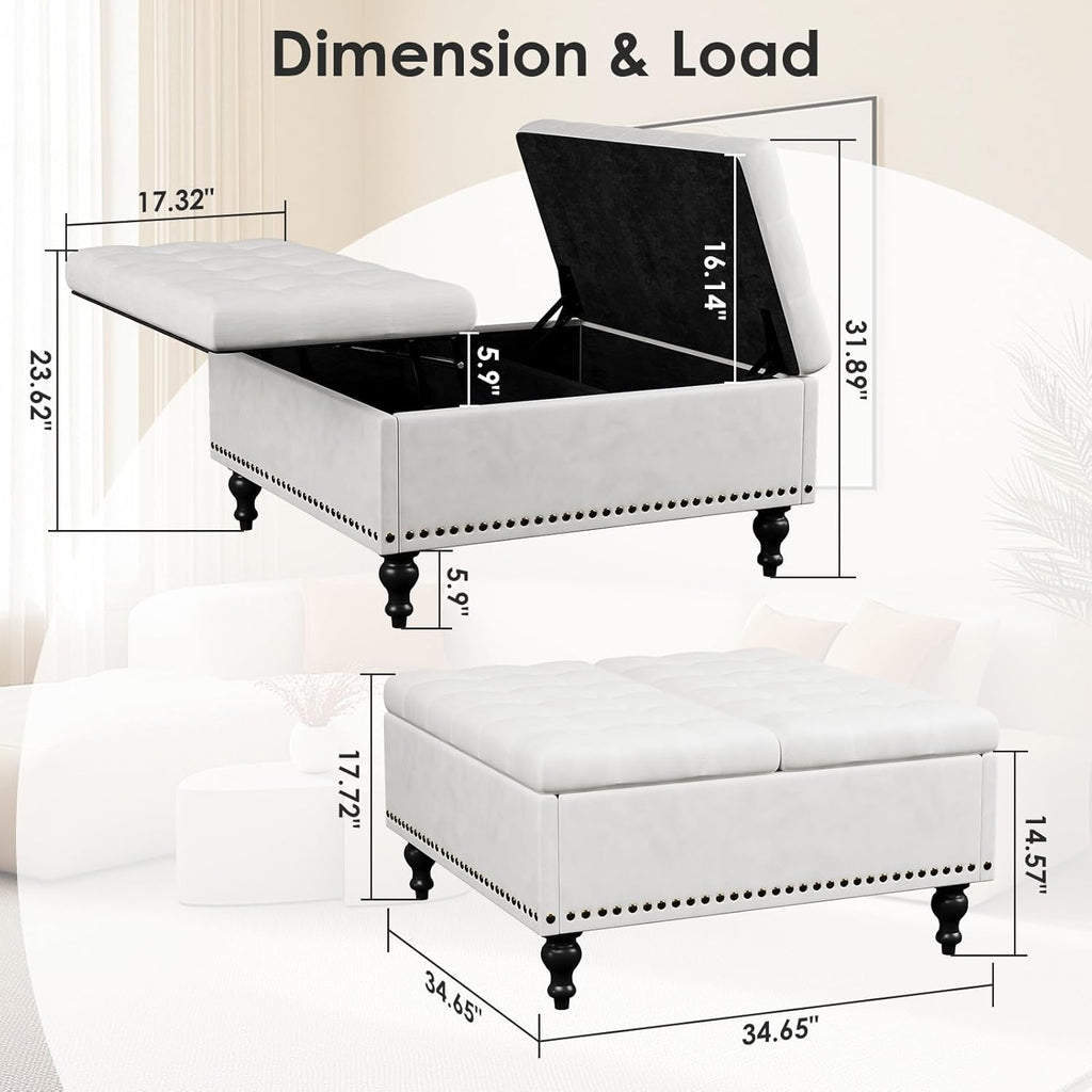 Versatile Lift-Top Ottoman Coffee Table, Multi-Function Storage Bench and Foot Rest in Leather for Living Room or Bedroom, Easy-to-Assemble, White
