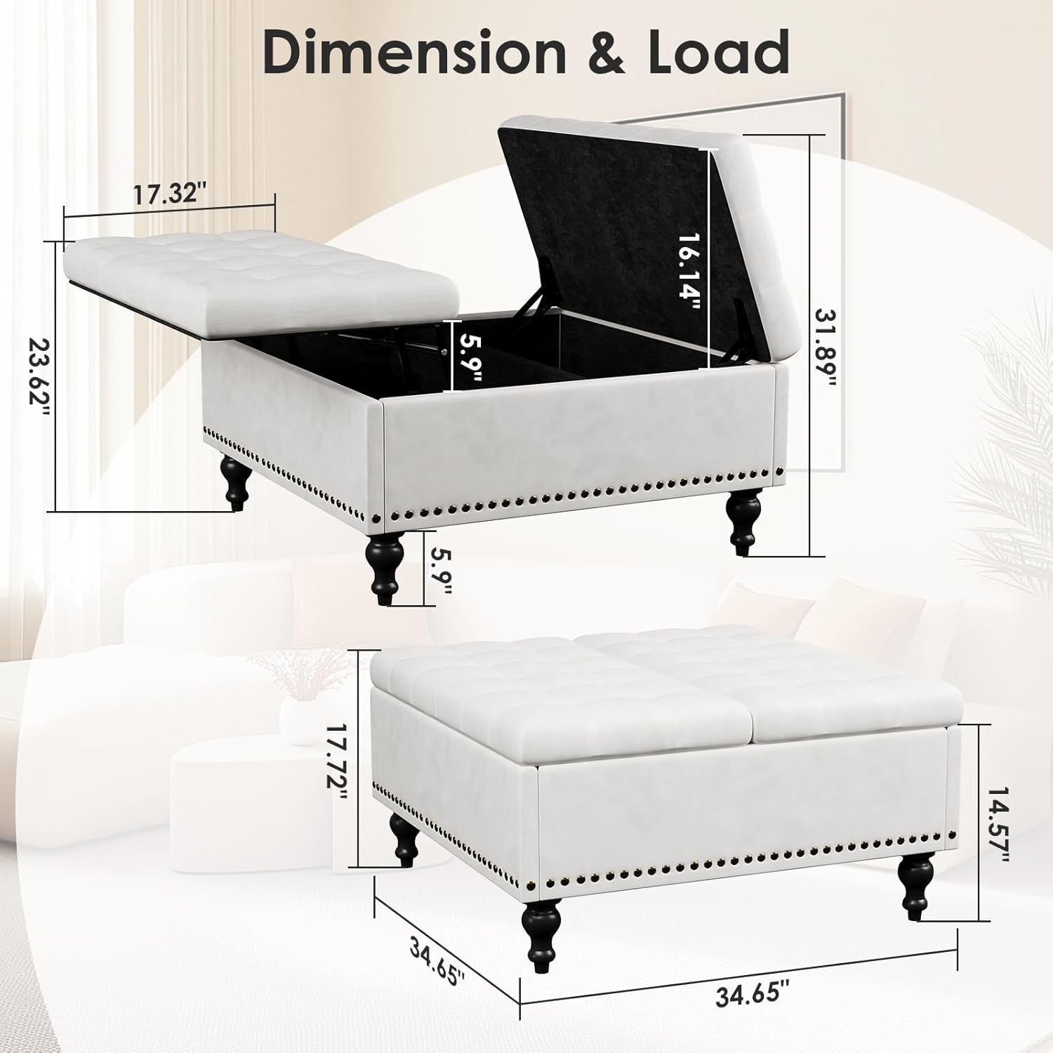 Versatile Lift-Top Ottoman Coffee Table, Multi-Function Storage Bench and Foot Rest in Leather for Living Room or Bedroom, Easy-to-Assemble, White