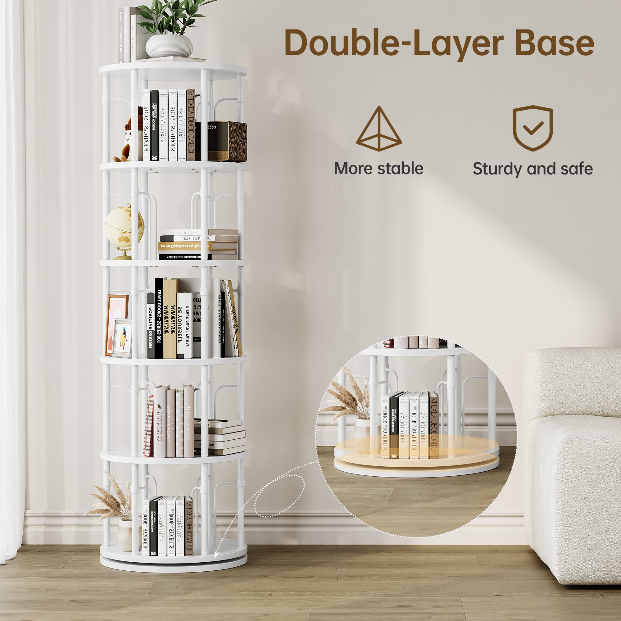 5 Tier Rotating Bookshelf Tower, 360° Spinning Bookcase, Vertical Floor Standing Revolving Bookshelf Organizer for Small Spaces, Corner, Living Room, Bedroom, White