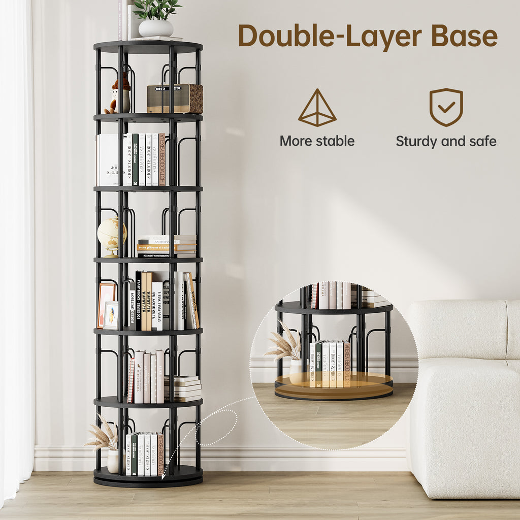 6 Tier Rotating Bookshelf Tower, 360° Spinning Bookcase, Vertical Floor Standing Revolving Bookshelf Organizer for Small Spaces, Corner, Living Room, Bedroom, Black
