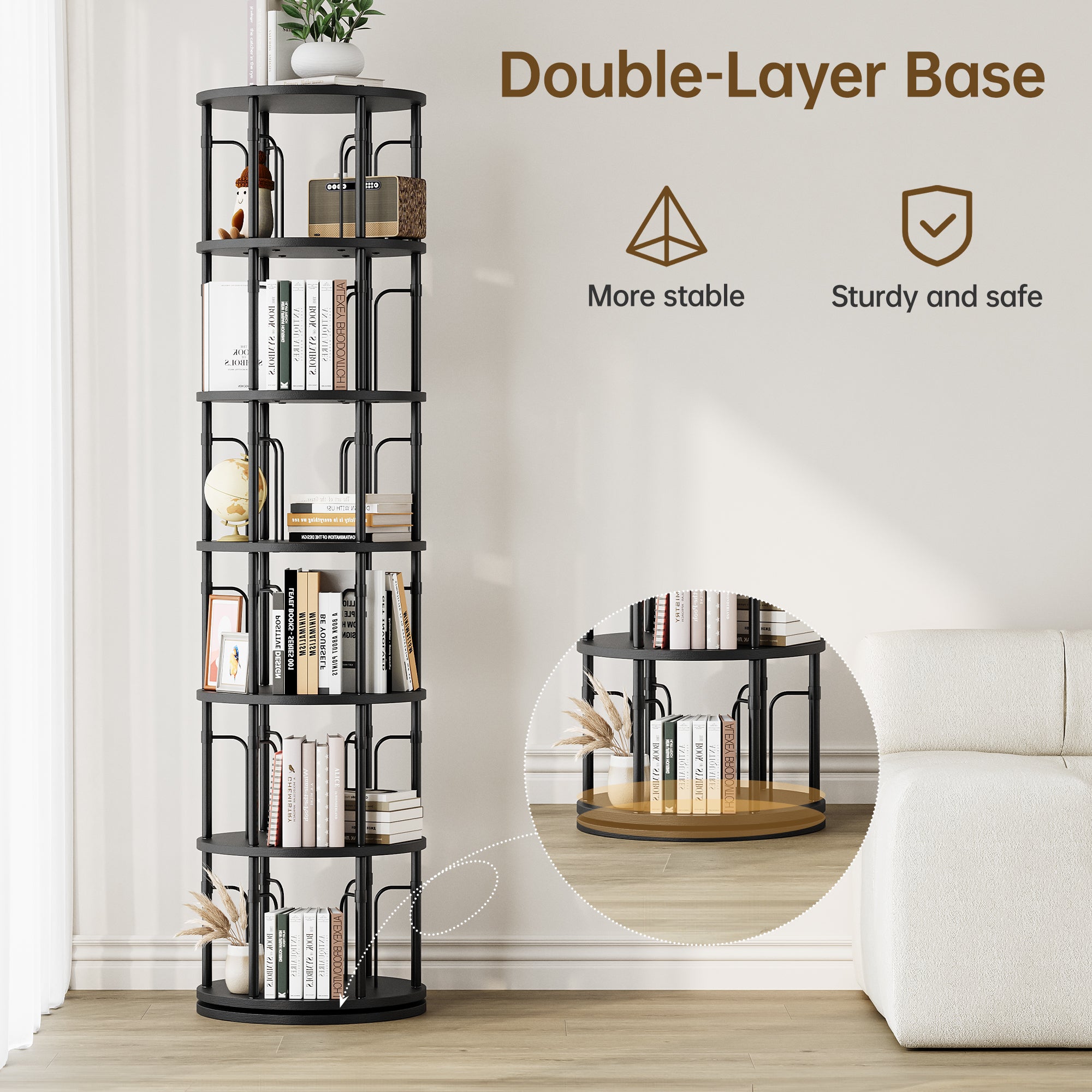 6 Tier Rotating Bookshelf Tower, 360° Spinning Bookcase, Vertical Floor Standing Revolving Bookshelf Organizer for Small Spaces, Corner, Living Room, Bedroom, Black
