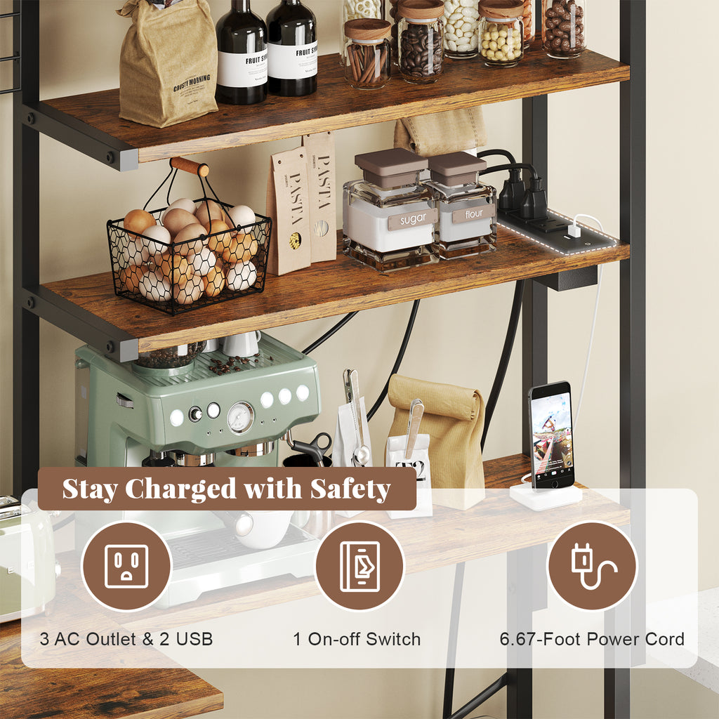 L-Shaped Bakers Rack with Power Outlet, 6-Tier Microwave Stand with Open Storage, Coffee Bar with Hooks, Mesh Grid, Kitchen Shelf with Wire Basket, Rustic Brown and Black
