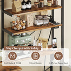 L-Shaped Bakers Rack with Power Outlet, 6-Tier Microwave Stand with Open Storage, Coffee Bar with Hooks, Mesh Grid, Kitchen Shelf with Wire Basket, Rustic Brown and Black