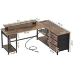 61" L Shaped Computer Desk with Power Outlets & USB Ports, Reversible Corner Gaming Desk with Drawers, Home Office Desk with Storage Shelves, LED Lights, Rustic Brown