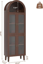 71” Tall Arched Pantry Cabinet with Glass Door, Display Cabinet Organizer, Versatile Pantry with Top-Opening Storage Container for Living, Kitchen Dining Room, Brown