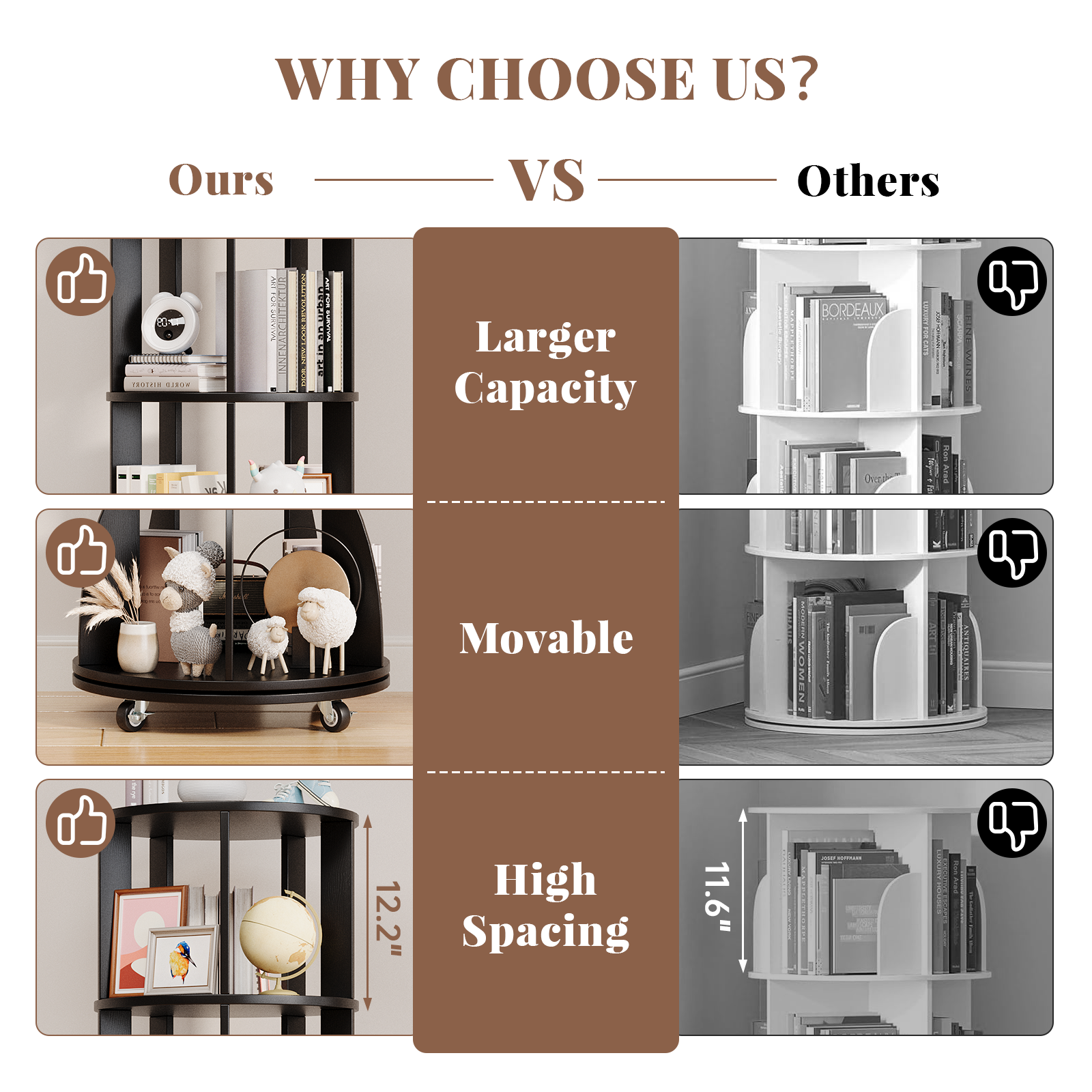 6 Tier Rotating Bookshelf with Locking Casters, 360° Spinning Vertical Bookcase, Revolving Floor Standing Organizer for Small Spaces, Corner, Living Room, Bedroom, Black