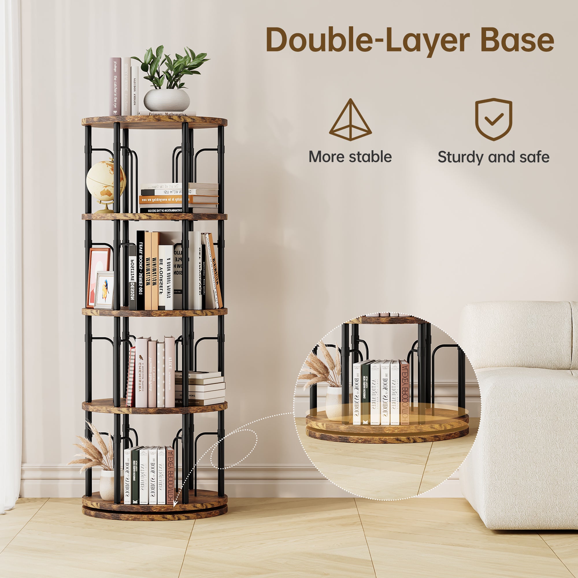 4 Tier Rotating Bookshelf Tower, 360° Spinning Bookcase, Vertical Floor Standing Revolving Bookshelf Organizer for Small Spaces, Corner, Living Room, Bedroom, Rustic Brown
