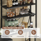 L-Shaped Bakers Rack with Power Outlet, 6-Tier Microwave Stand with Open Storage, Coffee Bar with Hooks, Mesh Grid, Kitchen Shelf with Wire Basket, Black