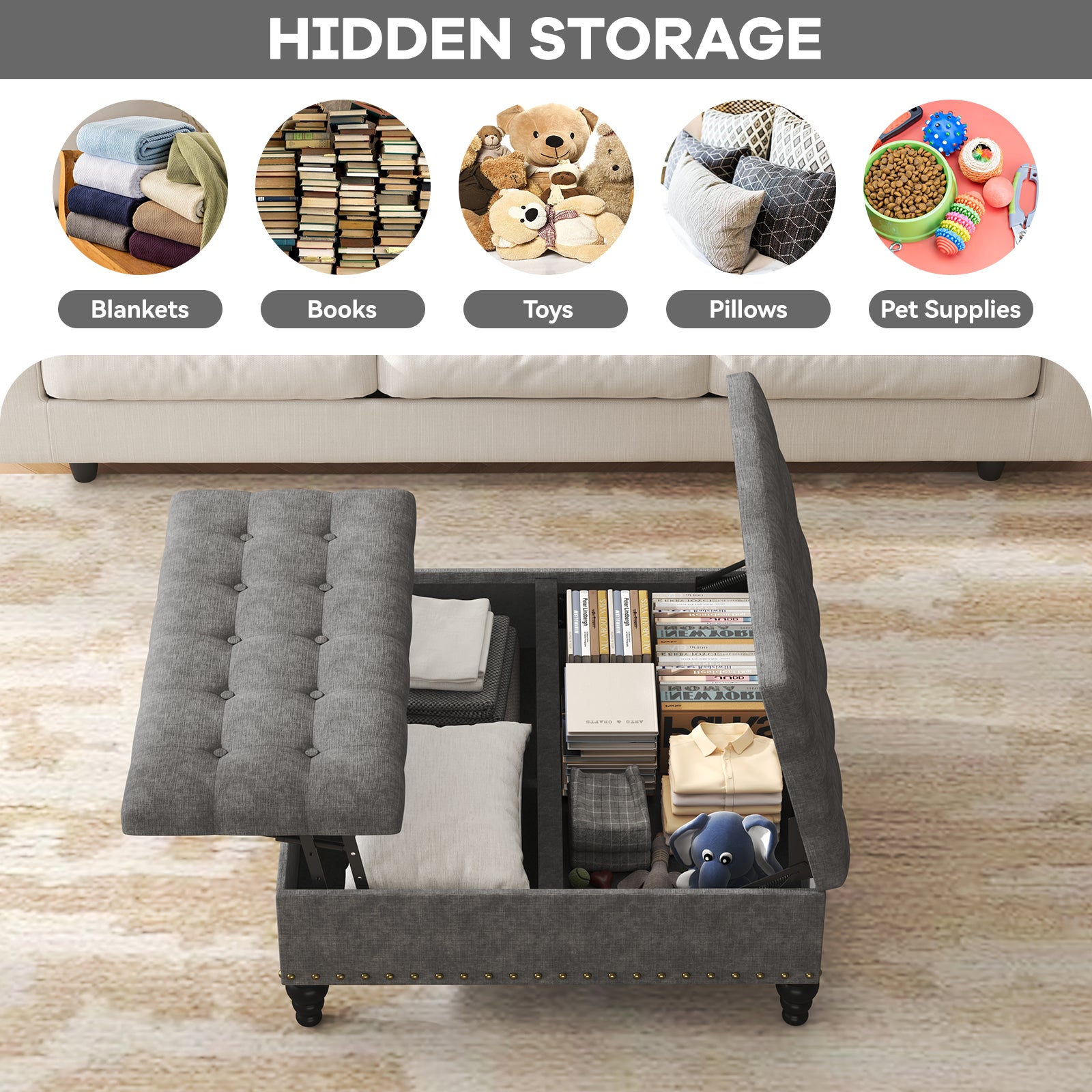 Versatile Lift-Top Ottoman, Large Storage Coffee Table in Chenille for Living Room or Bedroom, Easy-to-Assemble, Dark Grey