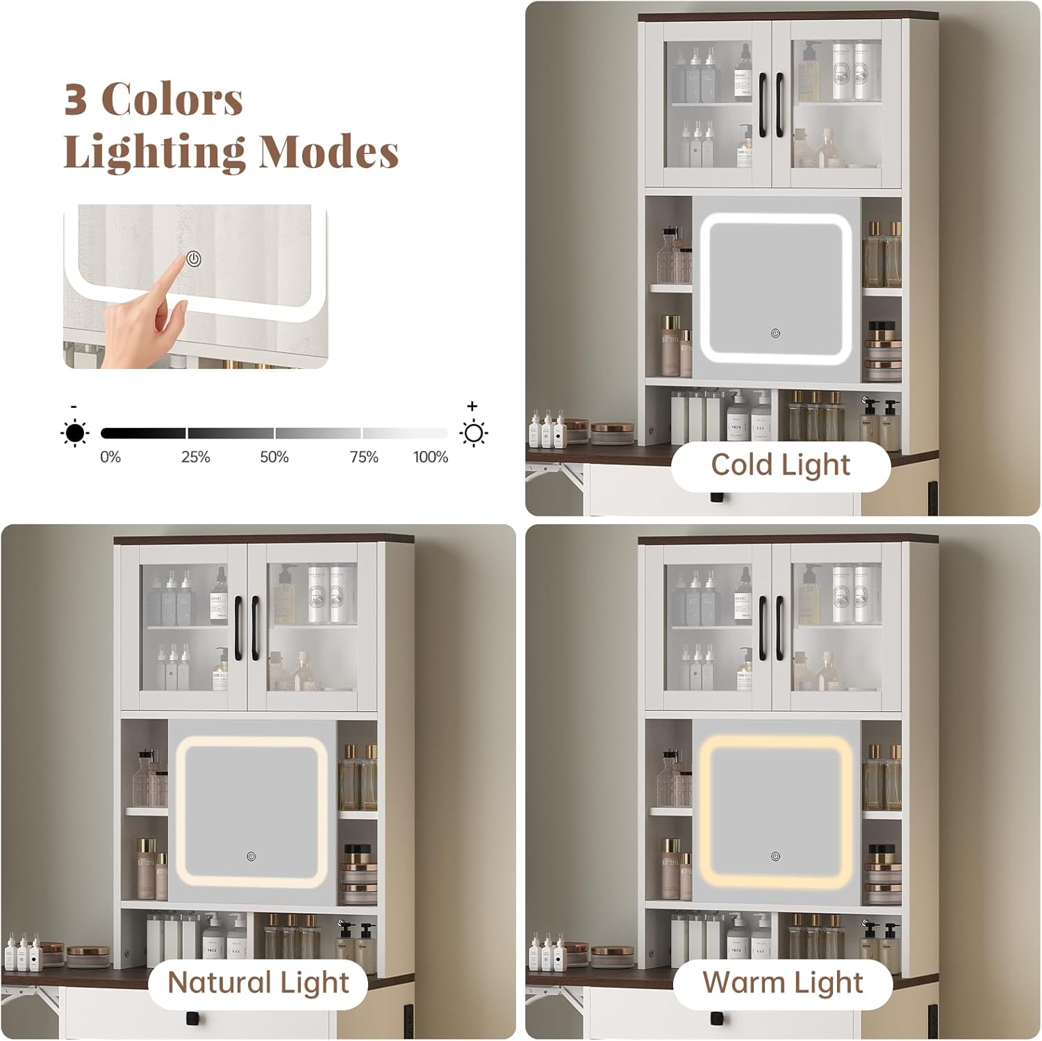 3 in 1 Small Vanity Desk with Mirror and Light, Makeup Vanity Table with Drawers for Small Space, Compact Mini Corner Vanity Set Dressing Table