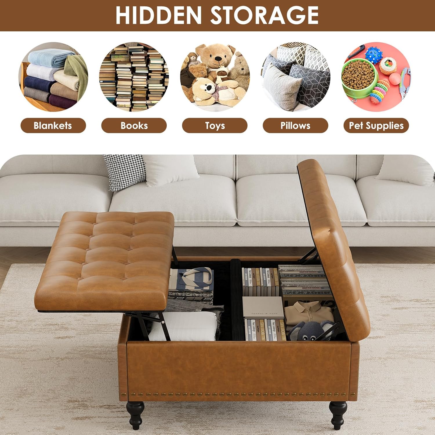 Square Leather Ottoman with Storage, Coffee Table Ottoman with Lift Top, Large Upholstered Footrest Storage, Brown
