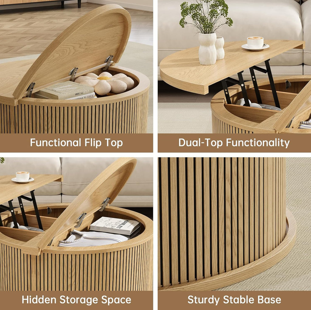 Round Coffee Table with Storage, 31.5" Lift Top Center Table with Gas Strut, Fluted Farmhouse Drum with 2 Hidden Compartments, Mid Century Modern Wood Circle Table for Living Room (Natural)
