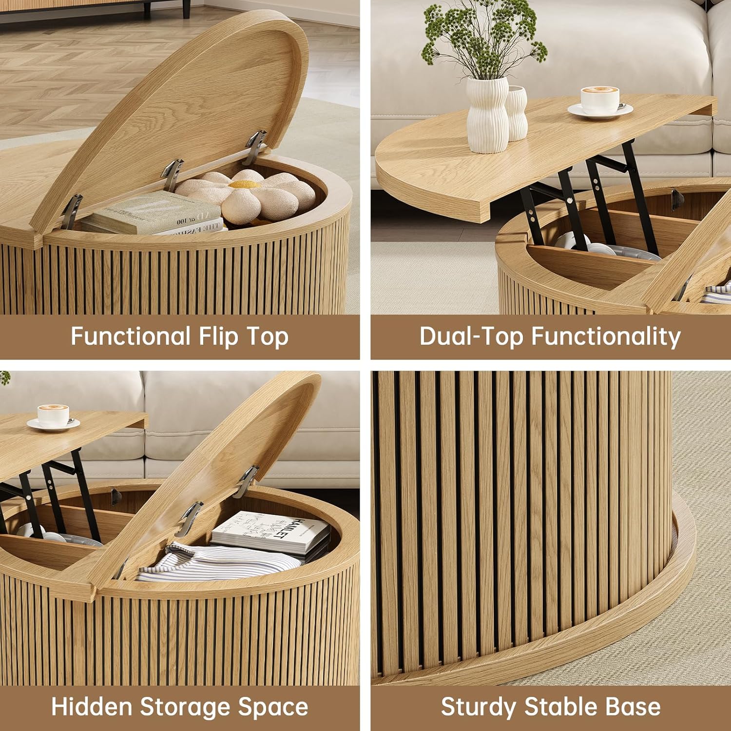 Round Coffee Table with Storage, 31.5" Lift Top Center Table with Gas Strut, Fluted Farmhouse Drum with 2 Hidden Compartments, Mid Century Modern Wood Circle Table for Living Room (Natural)