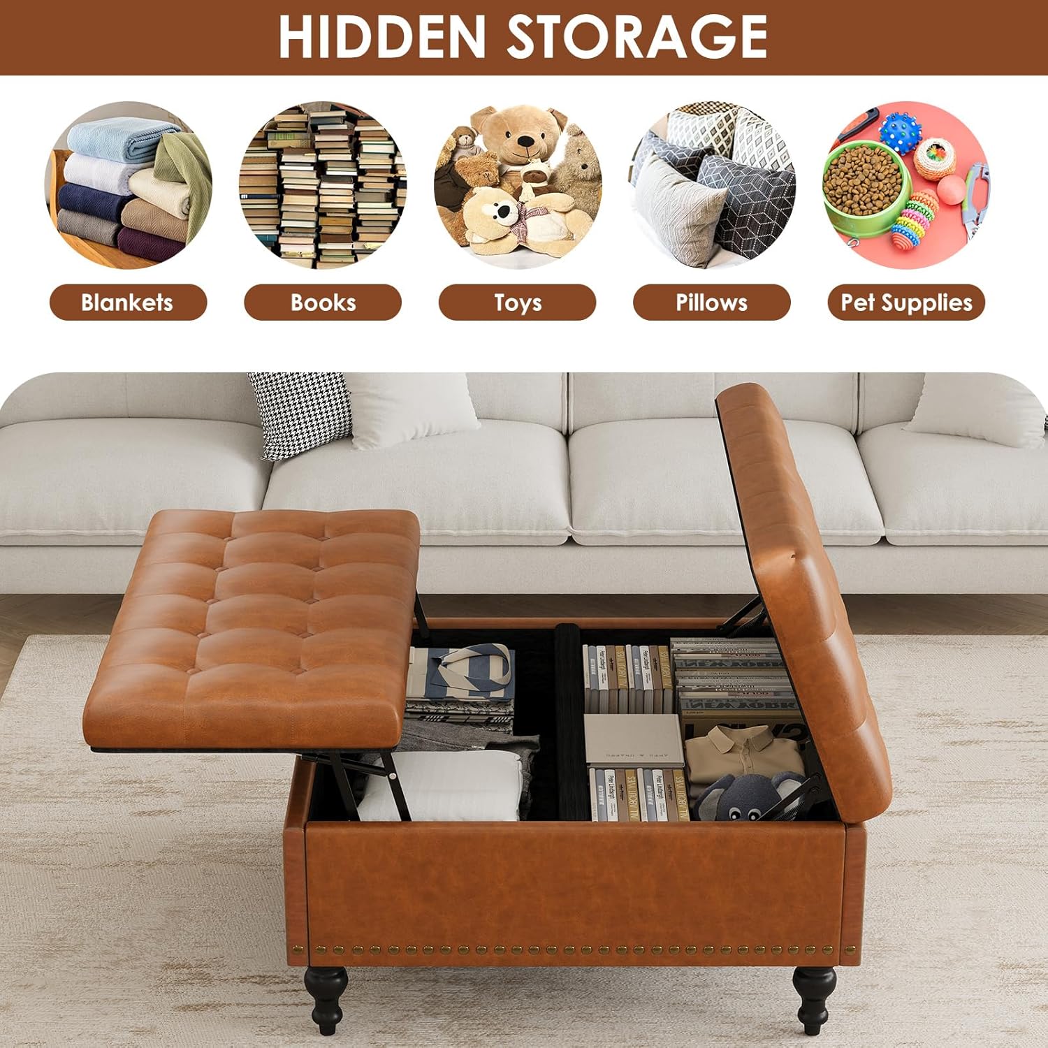 Large Square Storage Ottoman Bench, Button Tufted Upholstered Coffee Table Ottoman with Solid Wooden Legs, Easy-to-Assemble, Reddish-Brown