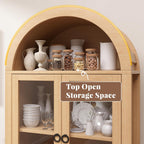 71" Tall Farmhouse Arched Storage Cabinet with Glass Door, Drawer and Barn Door, Versatile Pantry for Kitchen, Dining Room, Bathroom, Natural