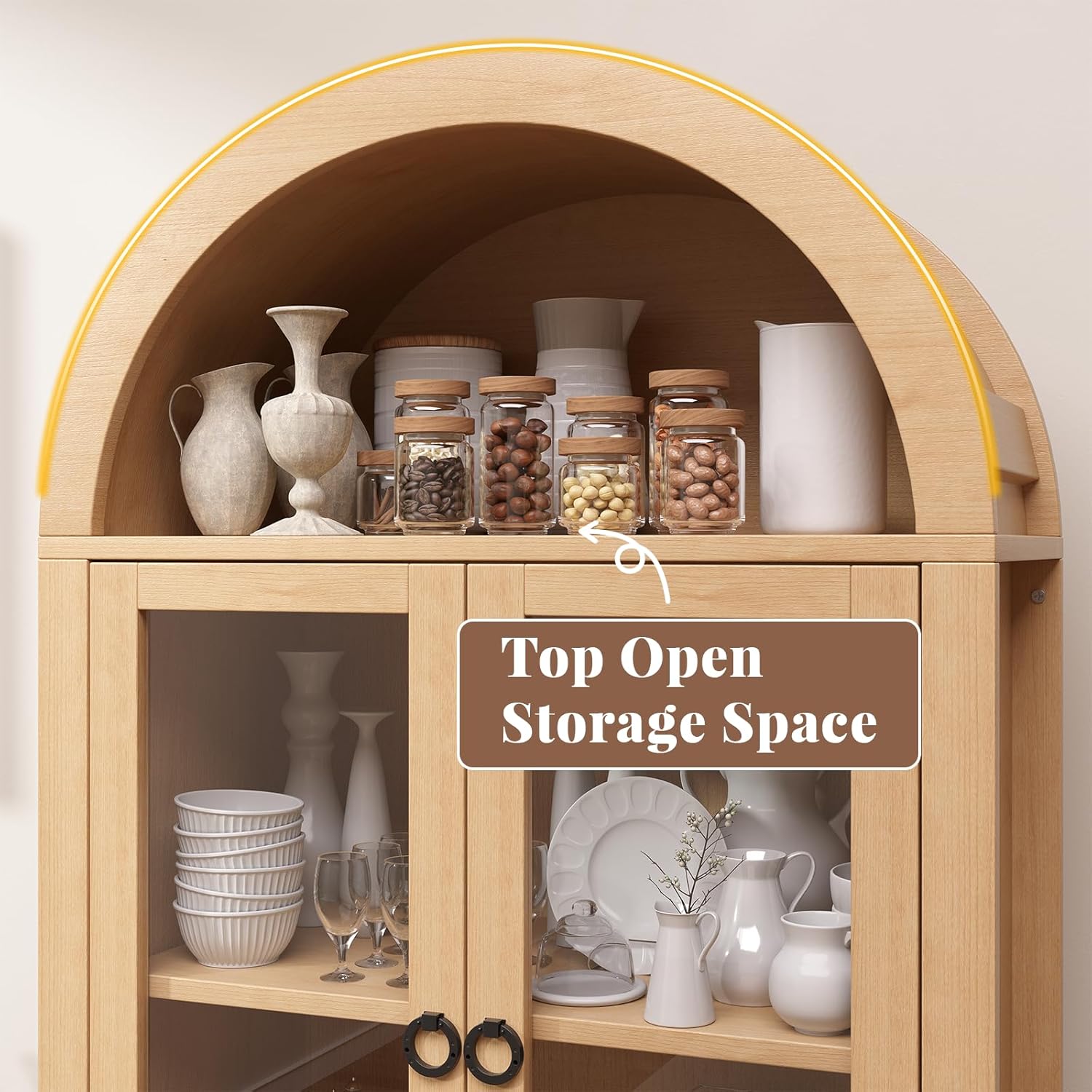 71" Tall Farmhouse Arched Storage Cabinet with Glass Door, Drawer and Barn Door, Versatile Pantry for Kitchen, Dining Room, Bathroom, Natural