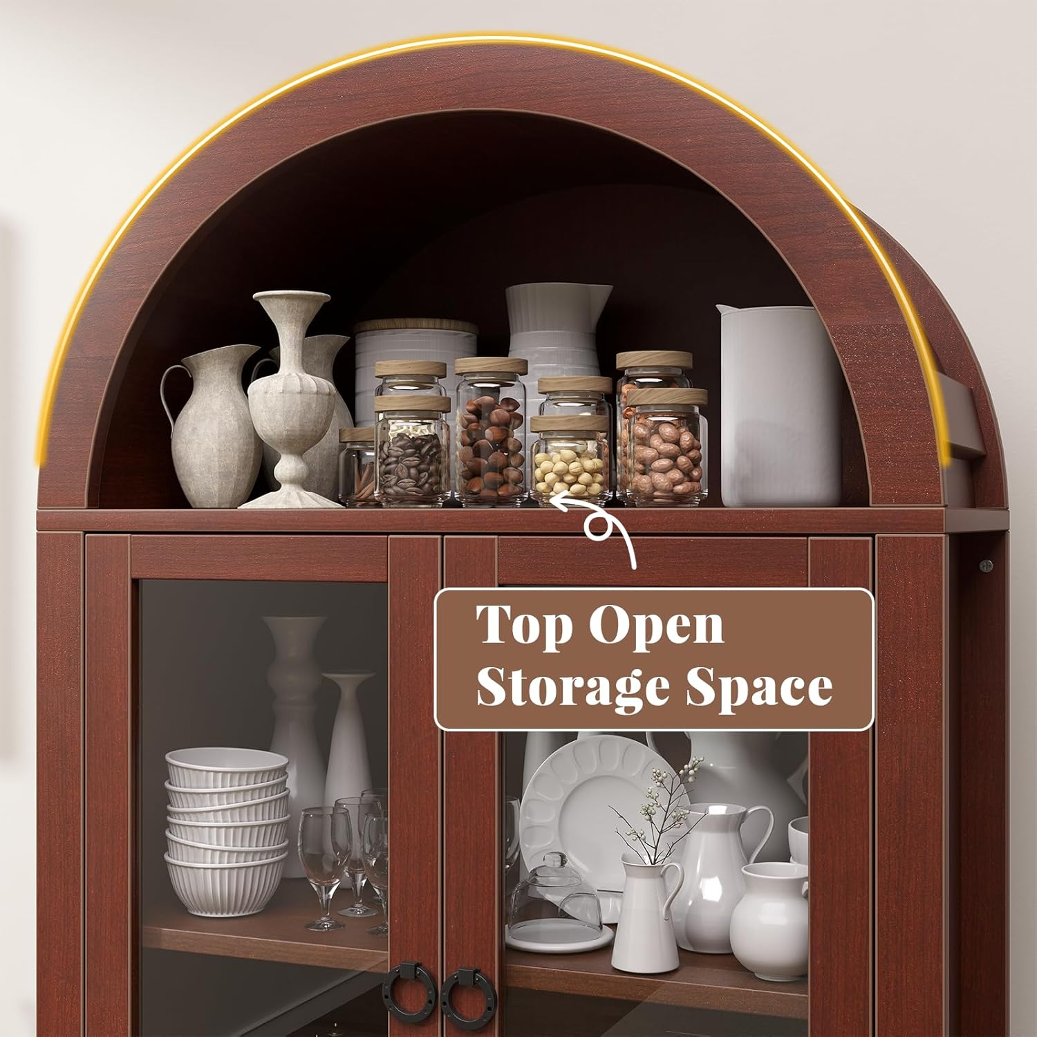 71" Tall Farmhouse Arched Storage Cabinet with Glass Door, Drawer and Barn Door, Versatile Pantry for Kitchen, Dining Room, Bathroom, Brown