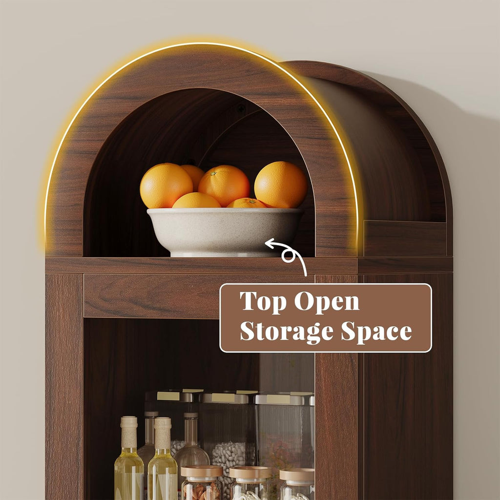 71" Tall Arched Storage Cabinet with Glass Door, Display Cabinet with Top-Opening Storage Container, Kitchen Versatile Pantry, Brown