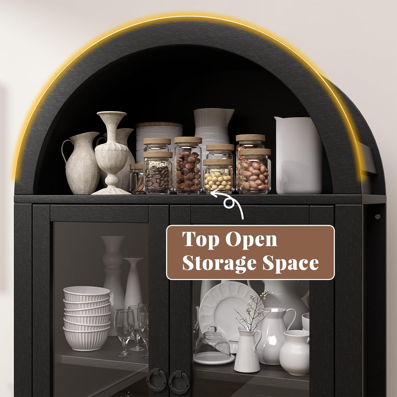 71" Tall Farmhouse Arched Storage Cabinet with Glass Door, Drawer and Barn Door, Versatile Pantry for Kitchen, Dining Room, Bathroom, Black