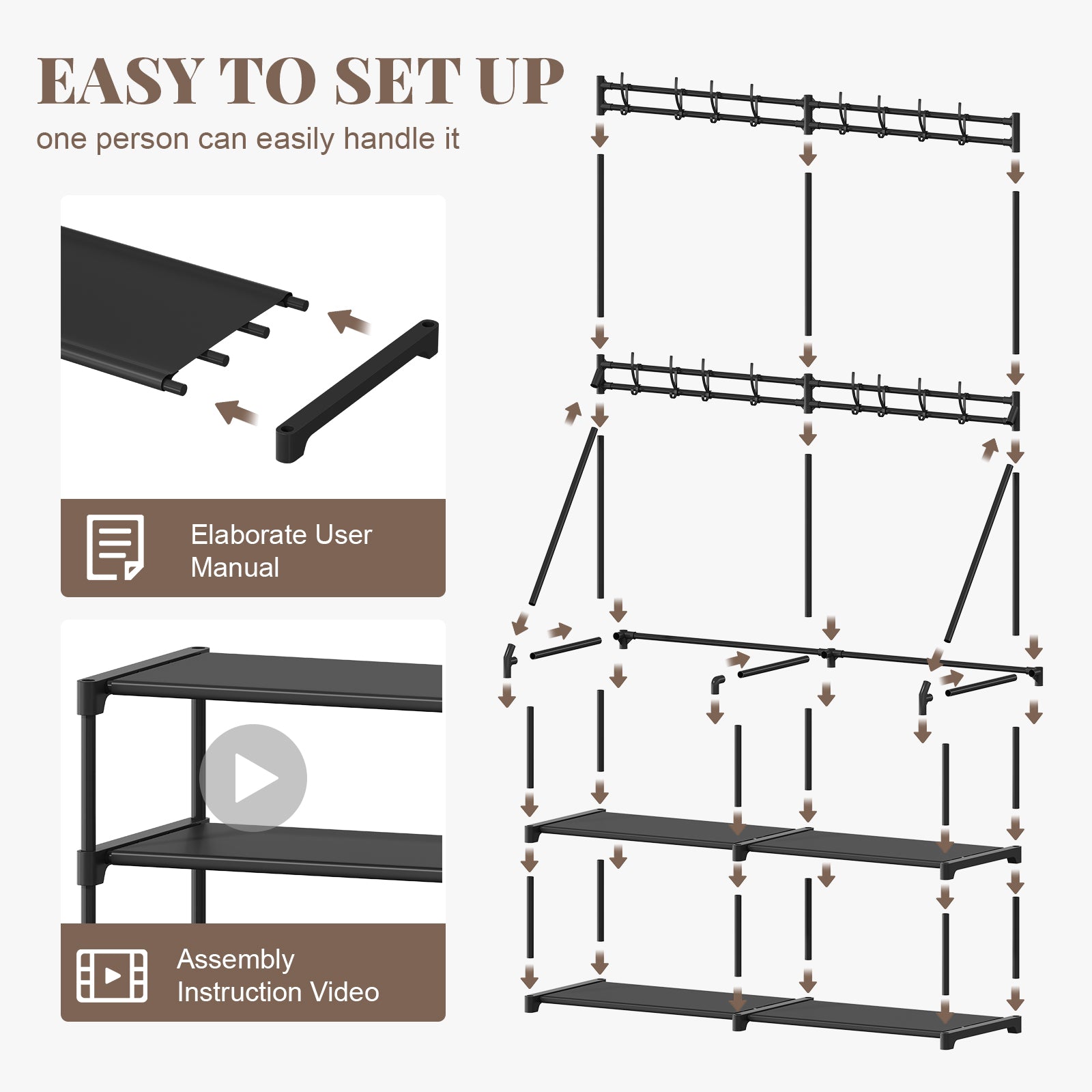 3-in-1 Double Row Coat Rack Freestanding with Shoe Storage Entryway Organizer 5-Tier Shoe Rack, 16 Hooks, Hall Tree for Home or Office, Black