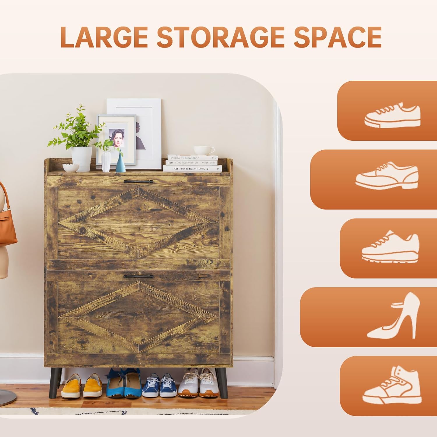 Farmhouse Entryway Shoe Storage Cabinet with 2 Flip Drawers, Shoe Rack Organizer for Hallway, Rustic Wood Furniture with Open Shelves