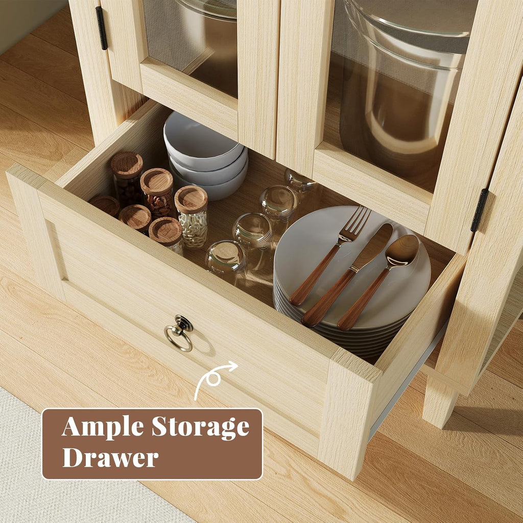 71” Tall Arched Pantry Cabinet with Glass Door, Display Cabinet Organizer with Drawer, Versatile Pantry with Top-Opening Storage Container for Living, Kitchen Dining Room, Natural