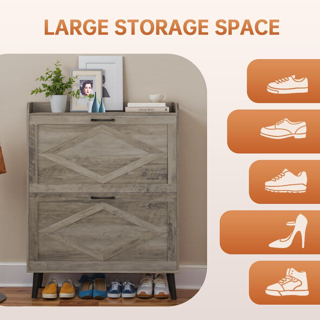 3-Tier Shoe Rack Organizer Entryway, Shoe Storage Cabinet with 2 Flip Drawers, Open Shelves, for Hallway, Grey