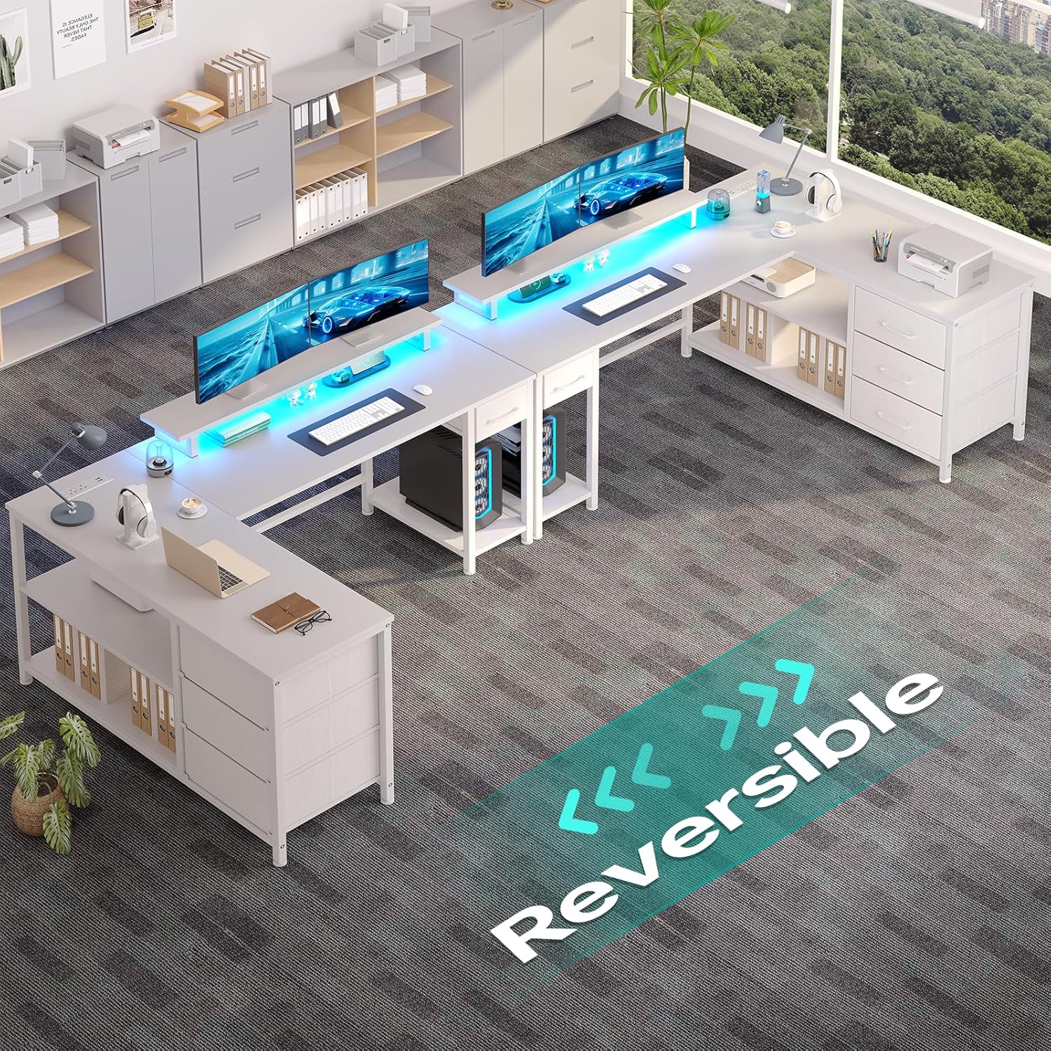 61" L Shaped Computer Desk with Monitor Stand, Reversible Corner Gaming Desk with Drawers, Home Office Desk with Power Outlets & USB Ports, LED Lights, White