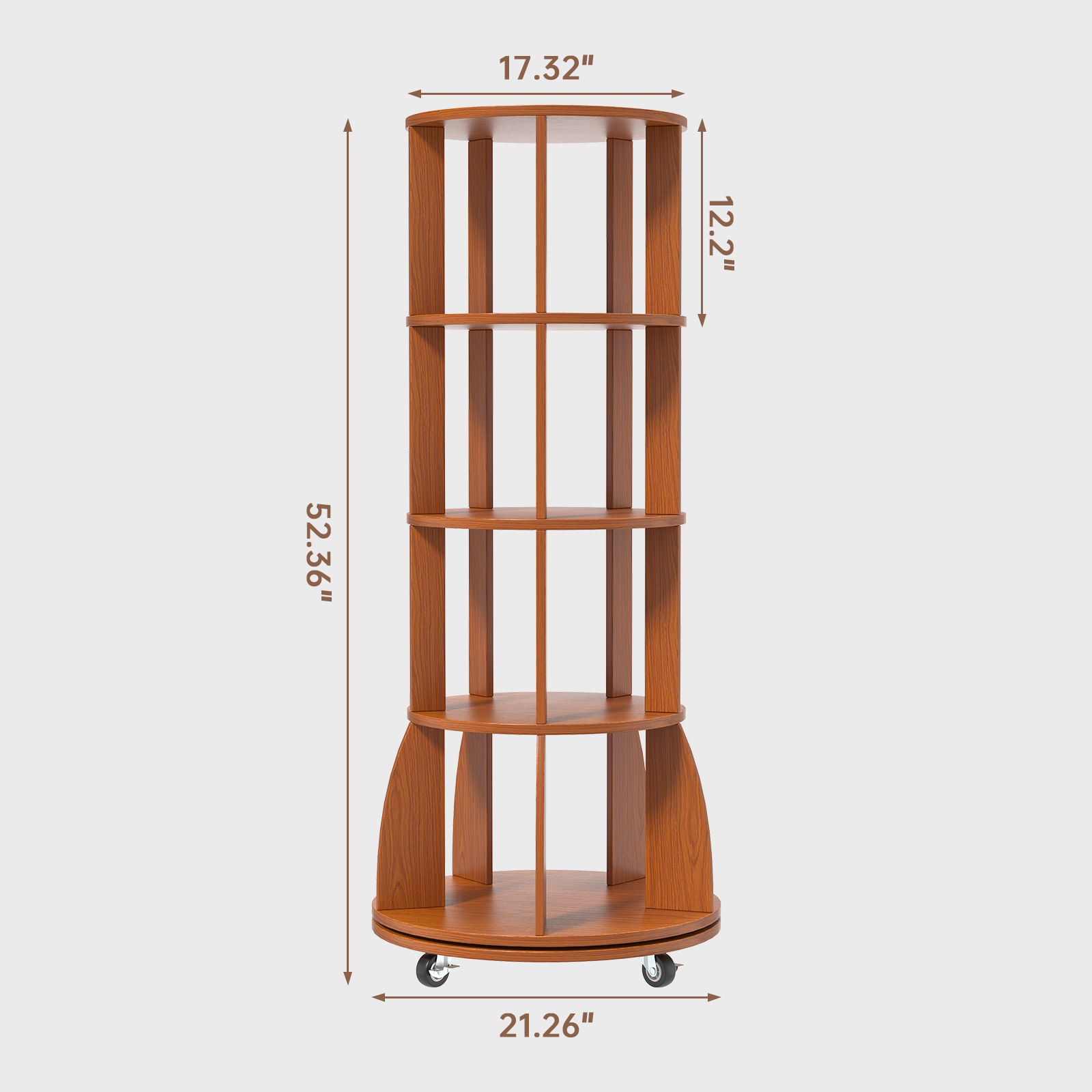 4 Tier Rotating Bookshelf with Brake Wheels, 360° Spinning Bookcase, Vertical Floor Standing Revolving Bookshelf Organizer for Small Spaces, Corner, Living Room, Bedroom, Rustic Brown