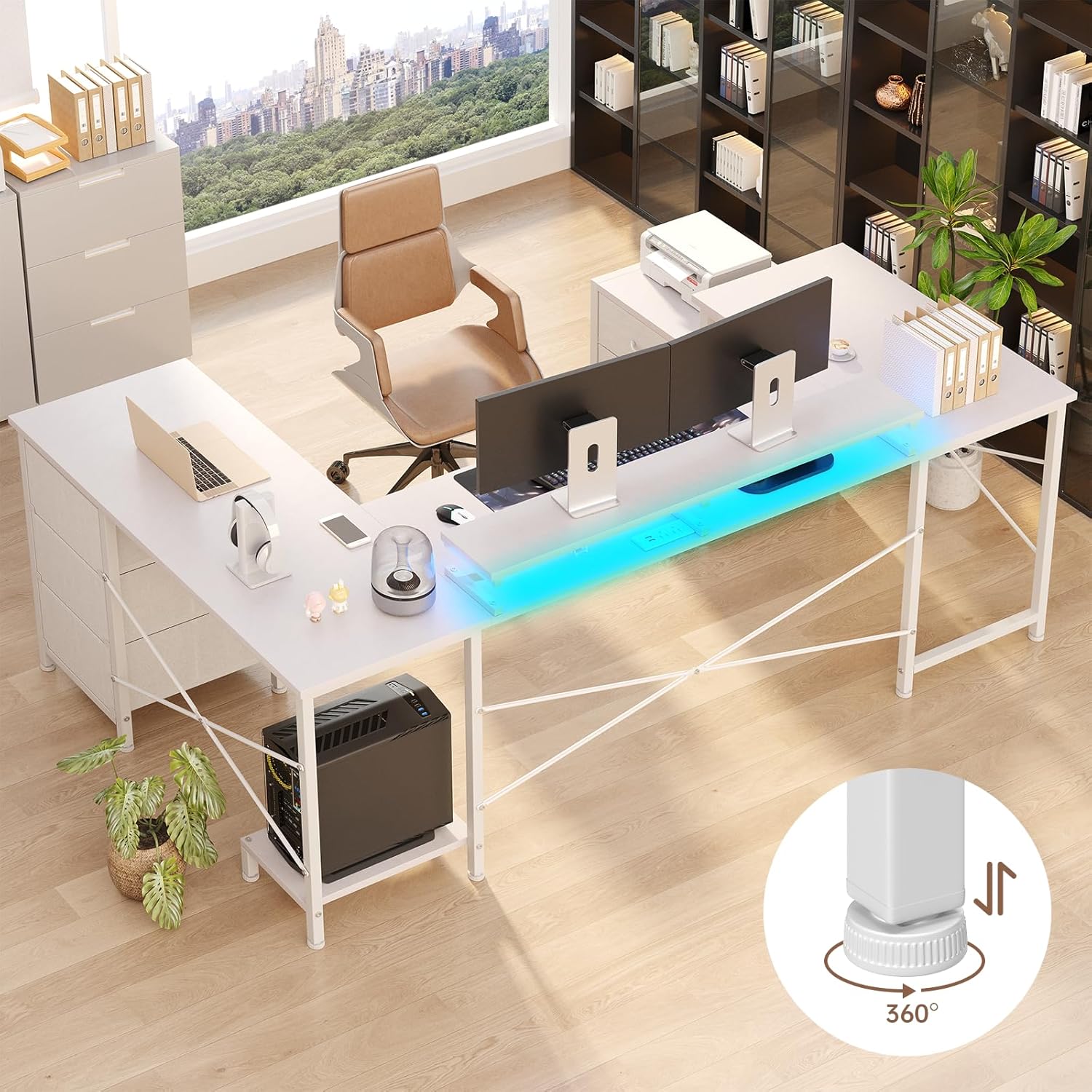 U Shaped Computer Gaming Desk, Reversible L Shaped Desk with Power Outlets & USB Ports, LED Strip & Monitor Stand, Large Corner Desk with Storage Shelves for Home Office, White