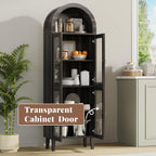 71” Tall Arched Pantry Cabinet with Glass Door, Display Cabinet Organizer, Versatile Pantry with Top-Opening Storage Container for Living, Kitchen Dining Room, Black