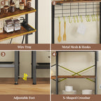 L-Shaped Bakers Rack with Power Outlet, 6-Tier Microwave Stand with Open Storage, Coffee Bar with Hooks, Mesh Grid, Kitchen Shelf with Wire Basket, Rustic Brown and Black