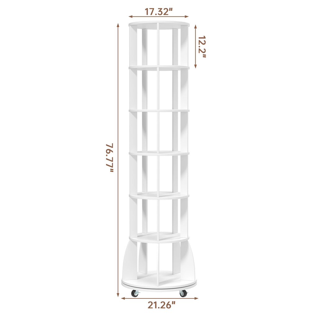 6 Tier Rotating Bookshelf with Locking Casters, 360° Spinning Vertical Bookcase, Revolving Floor Standing Organizer for Small Spaces, Corner, Living Room, Bedroom, White