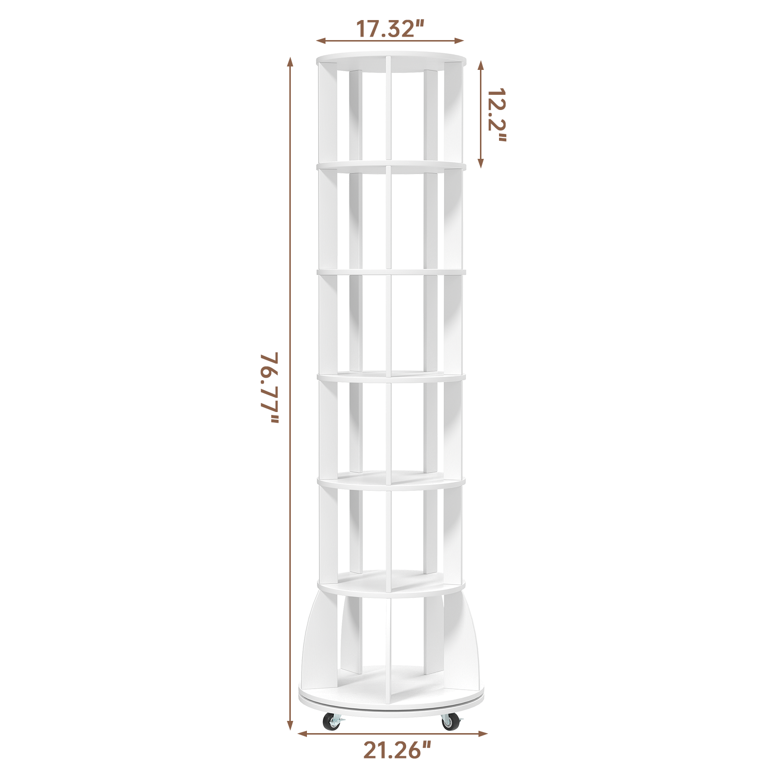 6 Tier Rotating Bookshelf with Locking Casters, 360° Spinning Vertical Bookcase, Revolving Floor Standing Organizer for Small Spaces, Corner, Living Room, Bedroom, White