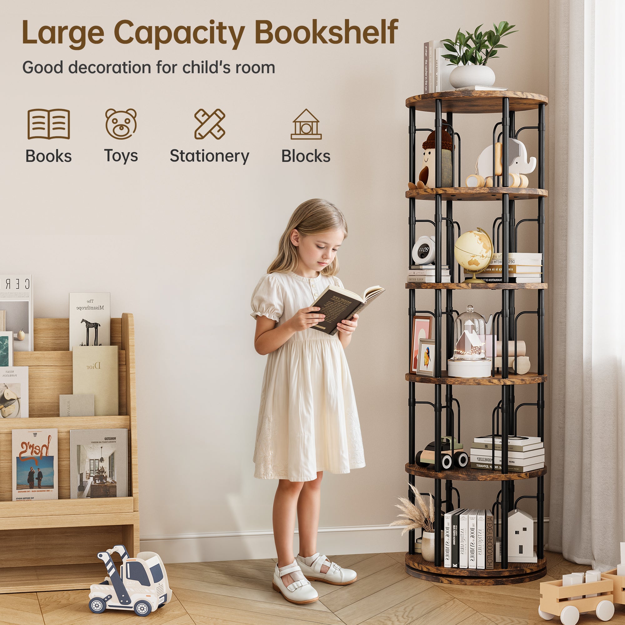 5 Tier Rotating Bookshelf Tower, 360° Spinning Bookcase, Vertical Floor Standing Revolving Bookshelf Organizer for Small Spaces, Corner, Living Room, Bedroom, Rustic Brown